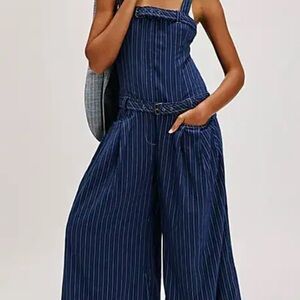 Free People FLORES  Navy Pinstriped Jumpsuit